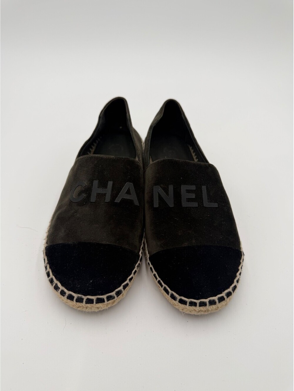 Chanel Espadrilles Black Velvet Flats Womens Size 7/37